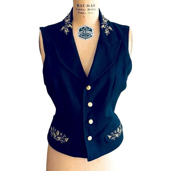 Vintage 90s Liz wear Petite Black and gold embroidered beaded vest - Picture 1 of 11